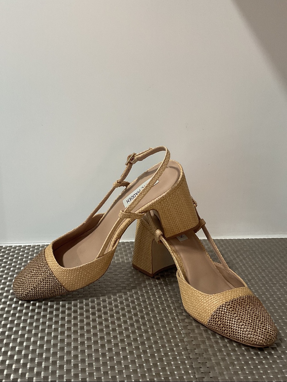 Steve Madden Becka Cap Toe Tan Woven Slingback Block Heels